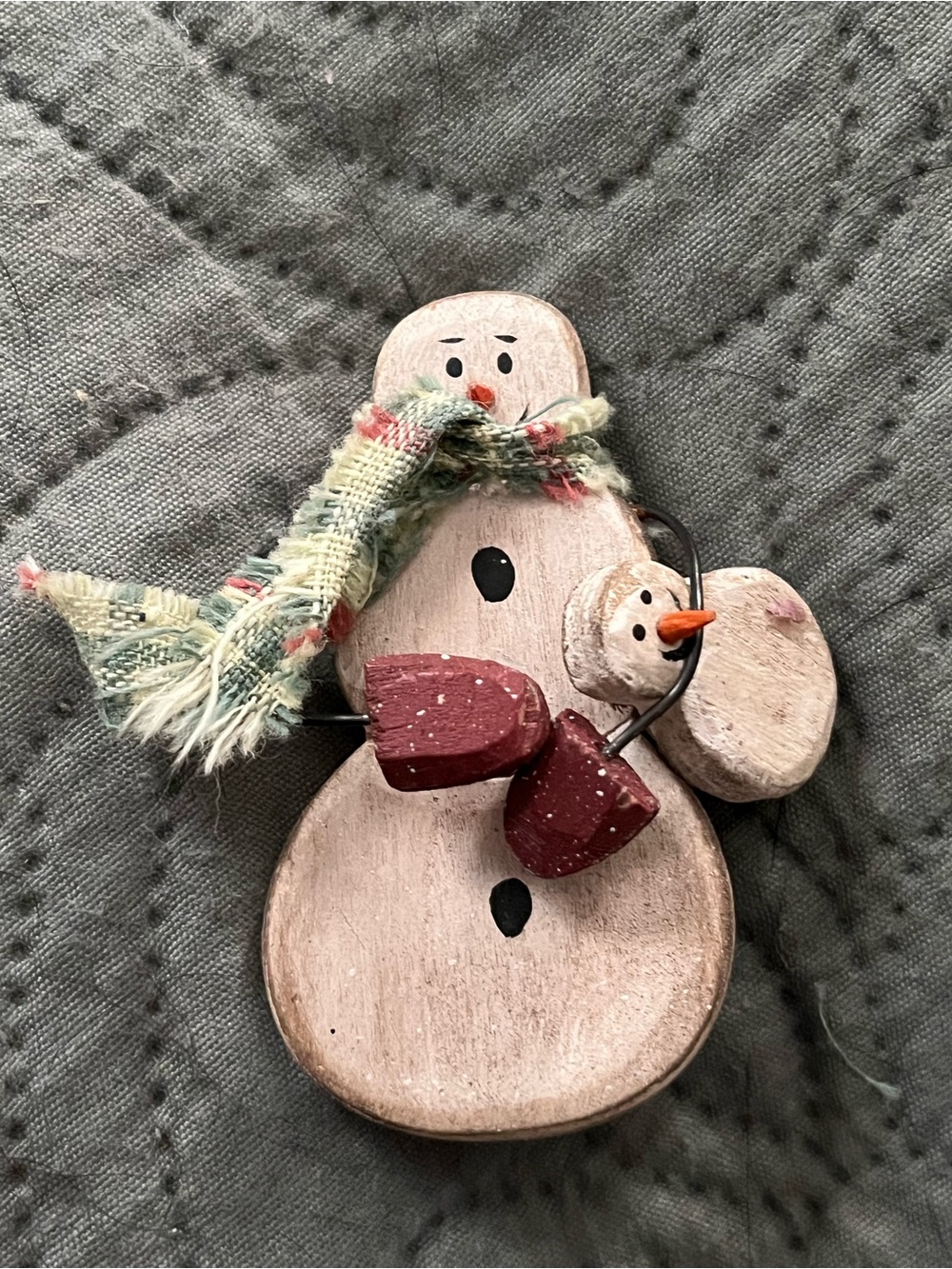 Handcrafted Wooden Snowman Pin with Baby, Green Plaid Scarf, and Red mittens